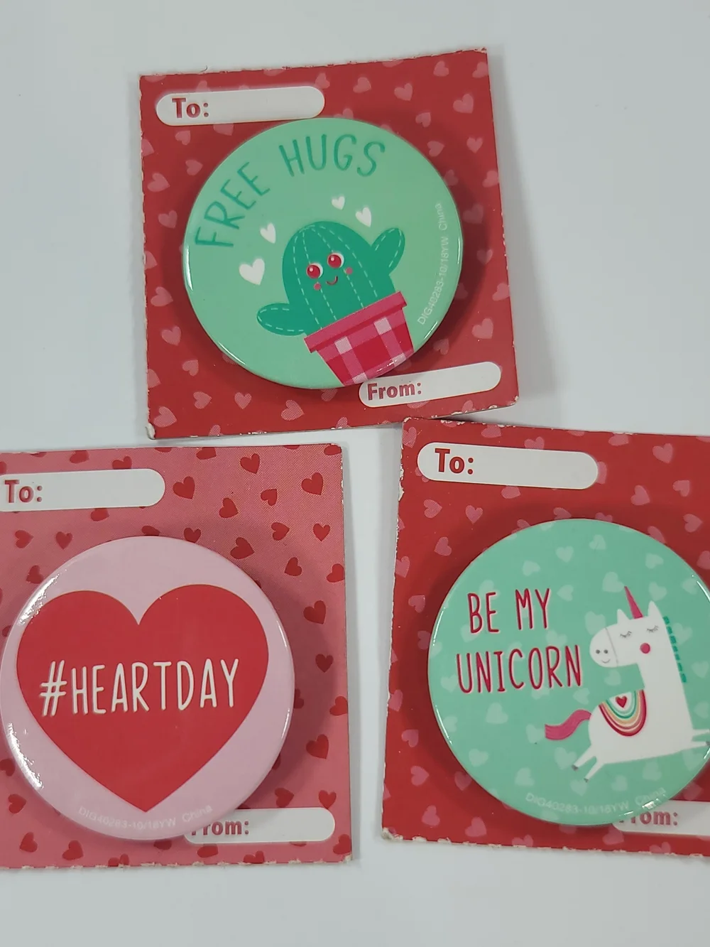 Valentine's Day Button Pins Set Of 3 Cactus Heart And Unicorn